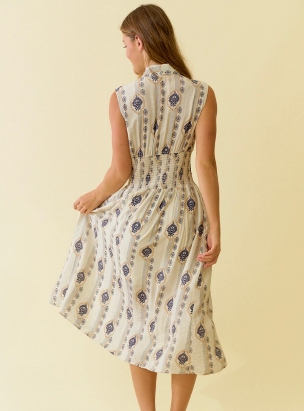 Botanical Printed Zip Front Midi Dress- Ecru