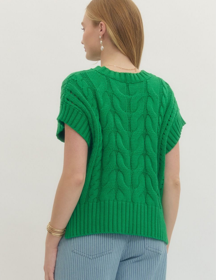 Cable Knit Short Sleeve Sweater- Green