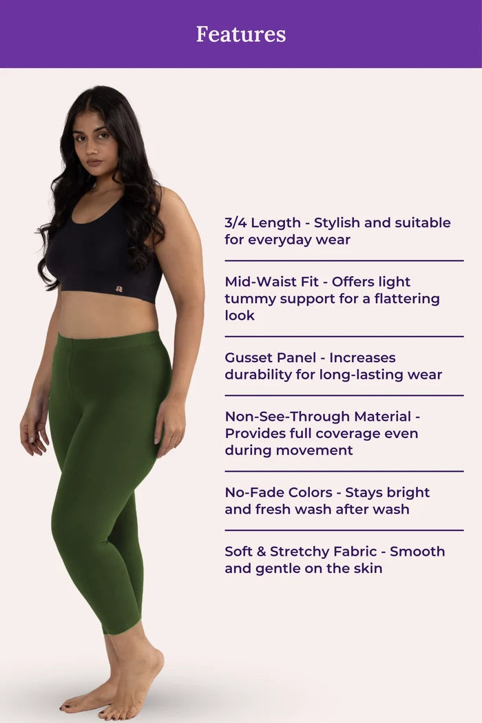 Woman wearing a black sports bra and green cropped leggings with product features listed on a white background.