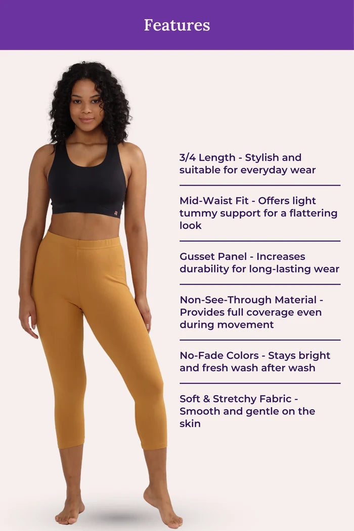 Woman wearing black sports bra and caramel leggings with feature text on a white background