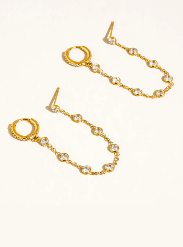 Daffira 18K Gold Non-Tarnish Crystal Chain Link Earrings