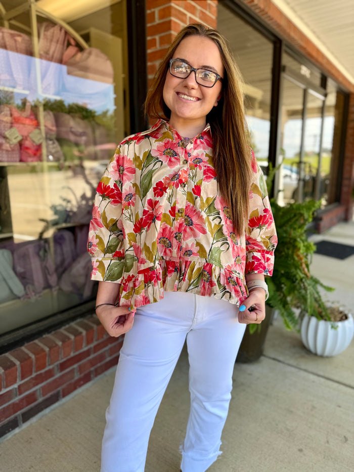 Drew Floral Print Quarter Sleeve Top
