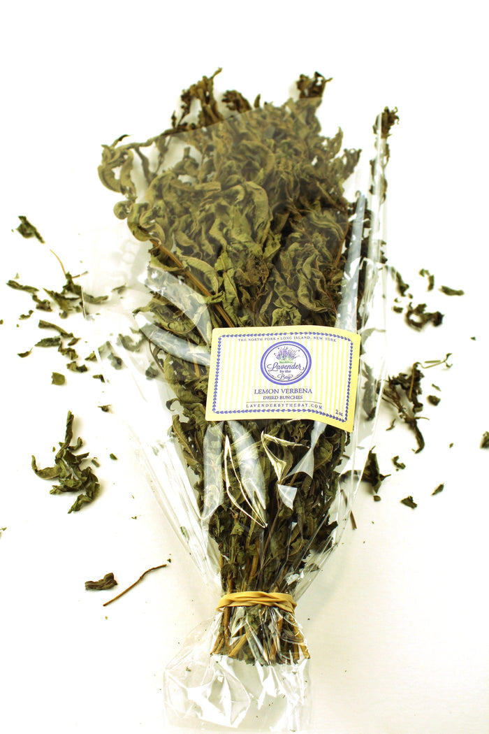 a dried herb bouquet lemon verbena leaves packaged in clear cellophane.