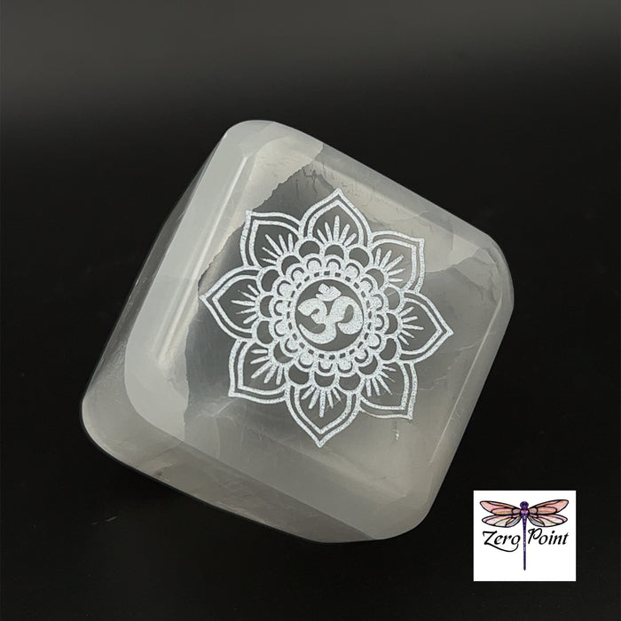 Engraved Selenite Cube - Zero Point Crystals