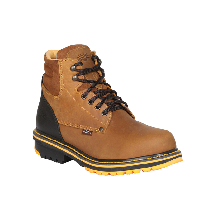 Brown work boot with black and yellow sole