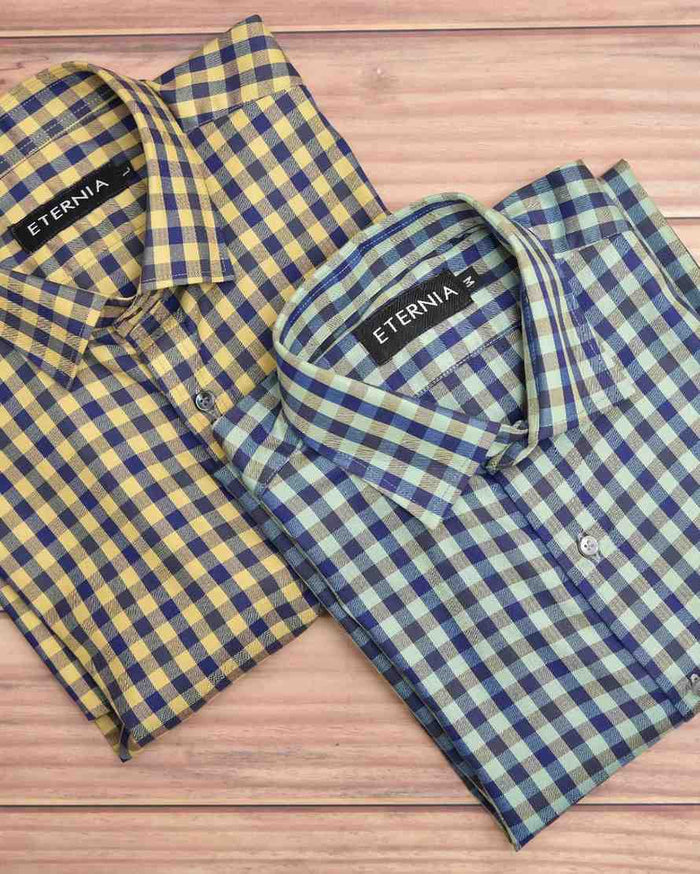 Men's linen shirt, yellow and blue check, showing two collar angles with buttons
