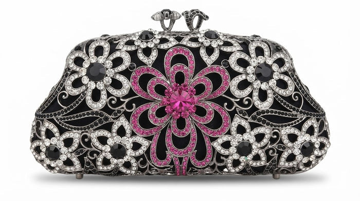 Rhinestone floral crystal clutch with black frame, pink center flower, and top clasp