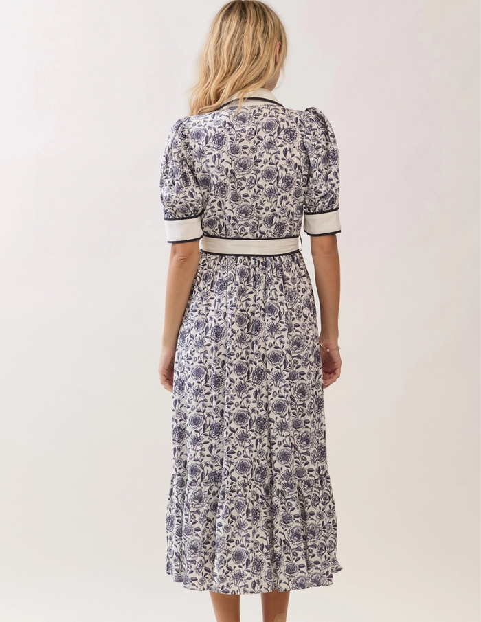 Floral Contrast Button Up Dress- Navy