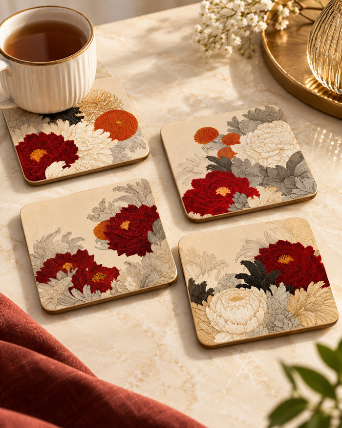 Set of 4 floral square mahjong coasters, beige with red orange white flower prints