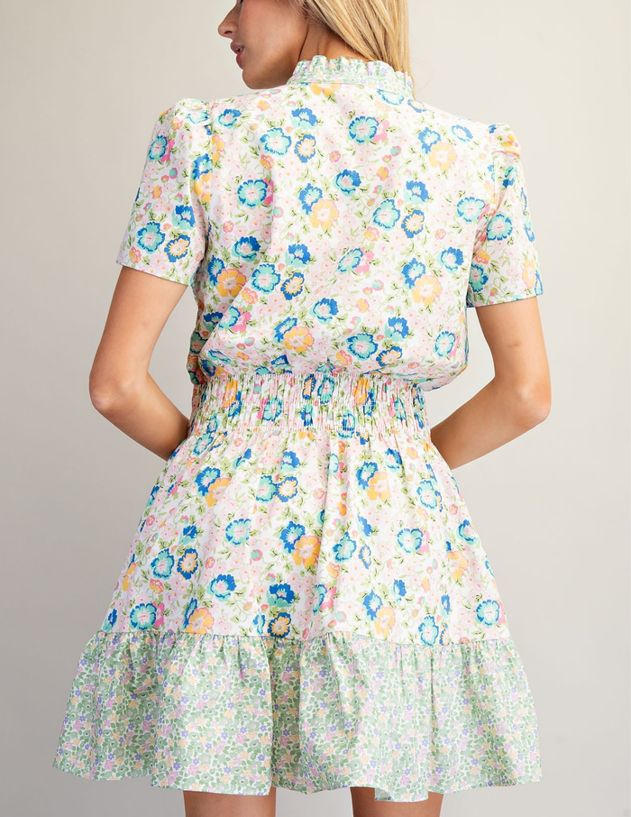 Floral Pattern Smocked Waist Mini Dress