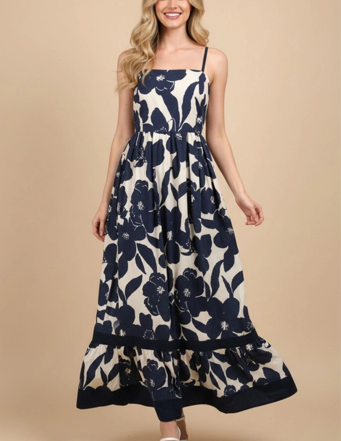 Floral Tiered Maxi Dress- Navy