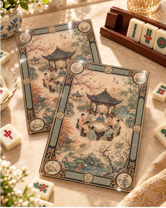 Mahjong shufflers set of 2, decorative four-seasons card cases with gold trim