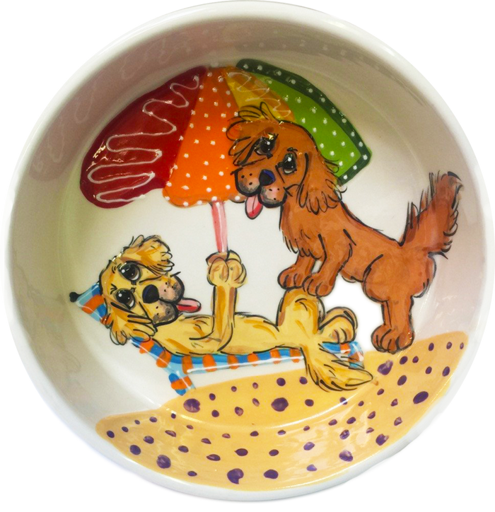 Retrievers on the beach painted on white ceramic dog bowl by Debby Carman