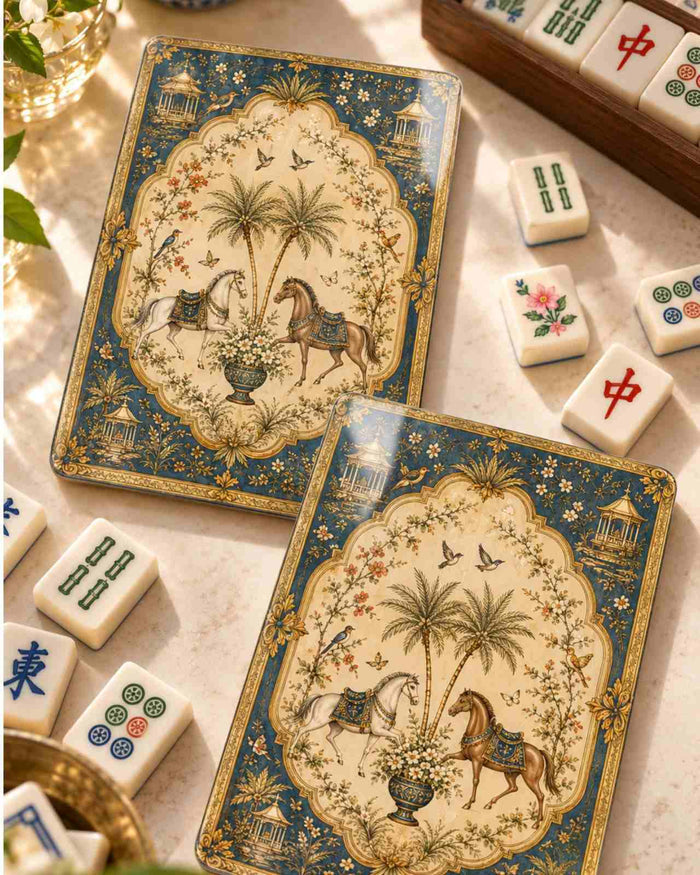 Pair of decorative mahjong shufflers with blue gold border and equestrian palm artwork