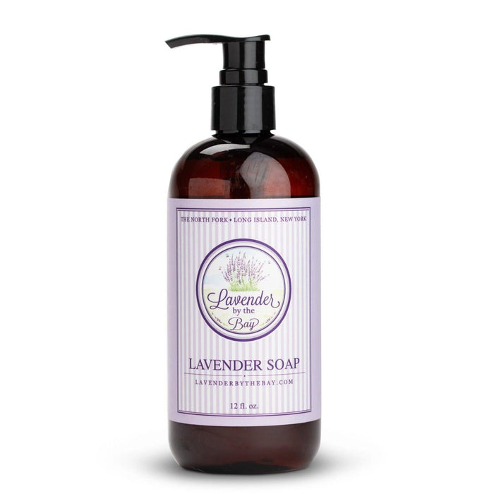 Lavender liquid soap bottle standing on white background