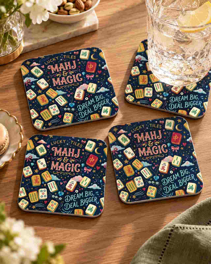Set of 4 dark navy mahjong tile coasters with colorful Lucky Tiles text and icons