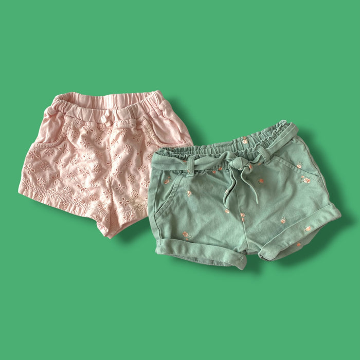 pink/green set of mix shorts, 6-9m