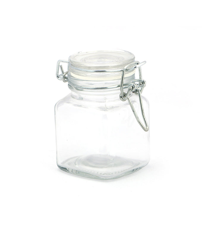 Airtight square glass jar with clip-top lid, clear empty glass jar