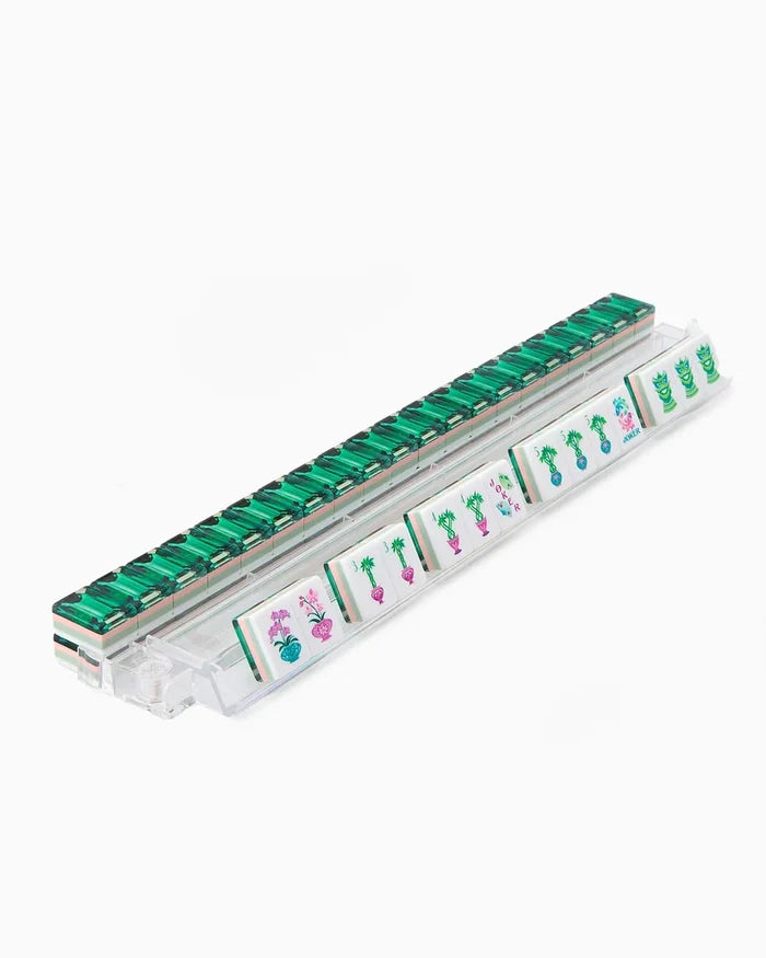 Mahjong tile holder containing green tiles with suit and number markings