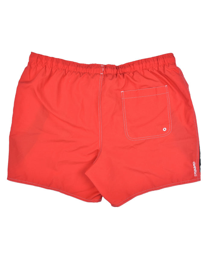 Men's red swim shorts with zip fly, side pocket, and elastic drawstring waist