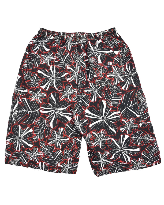Men's swim shorts in black with white and red floral pattern; relaxed fit