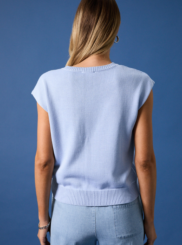 Round Neck Wide Shoulder USA Flag Sweater- Light Blue