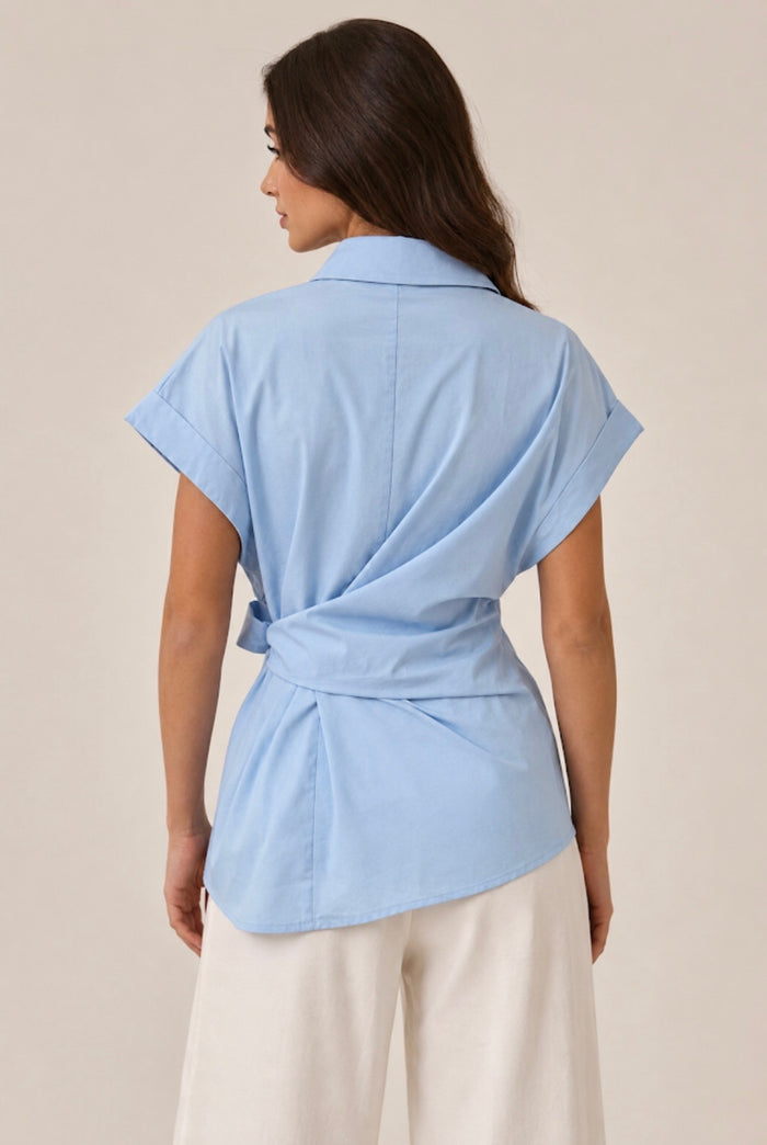 Sky Blue Cotton Side Tie Waist Shirt
