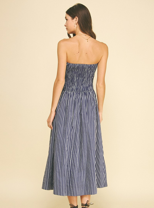 Striped Smocked Strapless Midi Dress- Navy