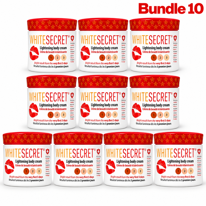 White Secret Lightening Body Cream in branded packaging, moisturizing skincare cream formulated to hydrate, soften, and help improve the appearance of uneven skin tone for smoother, brighter, and more radiant-looking skin.
