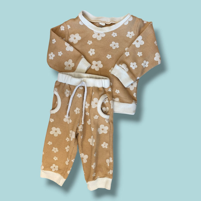 yellow floral waffle knit set, 12-18m