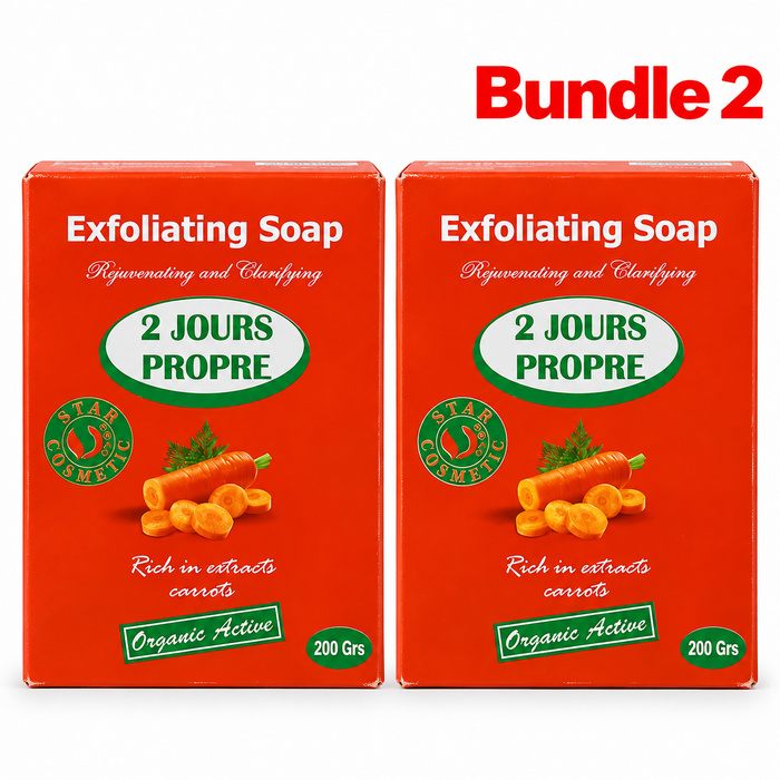 2 Jours Propre Exfoliating Carrot Soap in branded packaging, carrot-infused cleansing bar formulated to remove impurities and dead skin cells while helping promote smoother, brighter, and more radiant-looking skin.