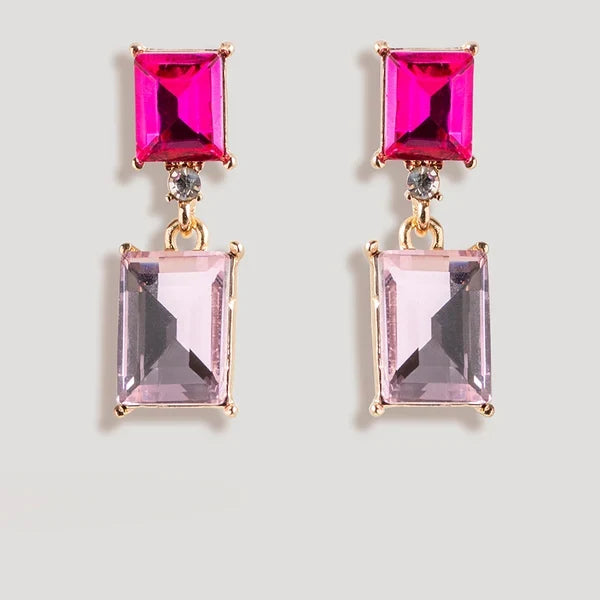 2 Tone Jewel Drop Earrings in Fuchsia and Pink