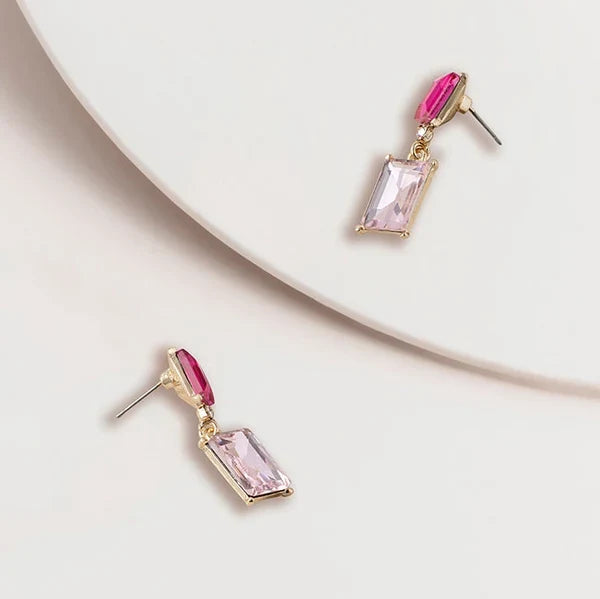 2 Tone Jewel Drop Earrings in Fuchsia and Pink