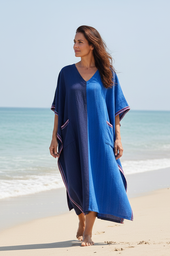 Aegean Blue Tonal V-Neck Kaftan