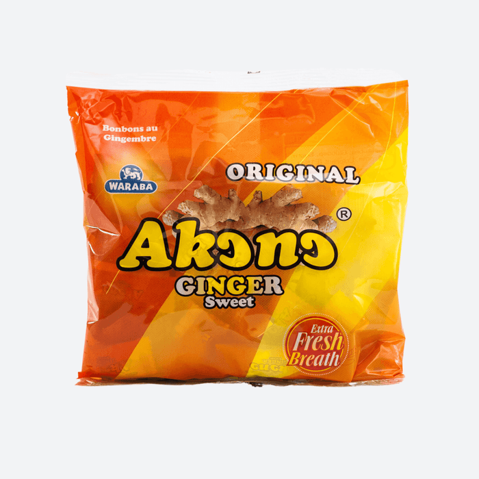 Akono Ginger Sweets 125g in branded packaging, spicy ginger hard candies with a bold, warming flavor, perfect for enjoying as a sweet treat anytime.