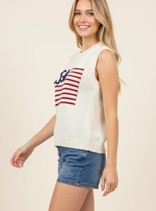 American Flag Sweater Top- Cream
