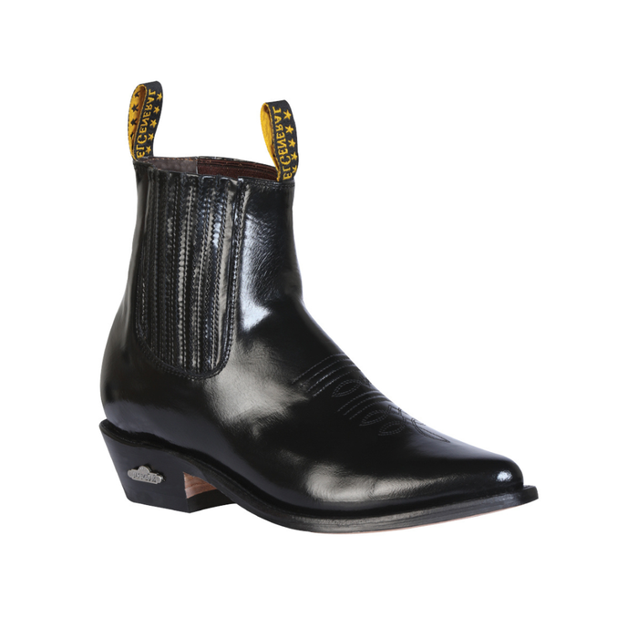 black leather short western ankle boot with elastic side panels and low heel.