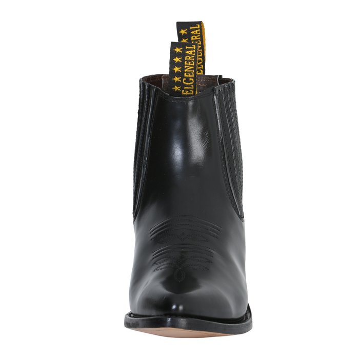 black leather short western ankle boot with elastic side panels and low heel.