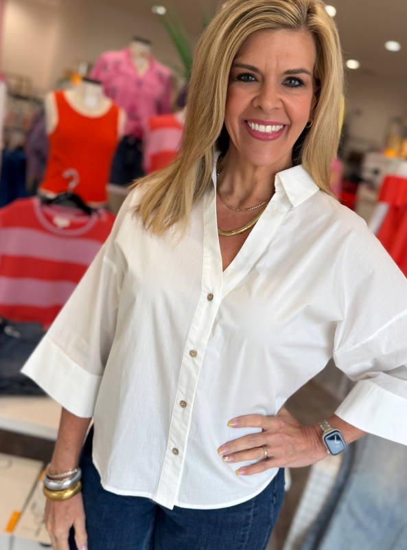 Back Pleat Button Down Blouse Top- Off White