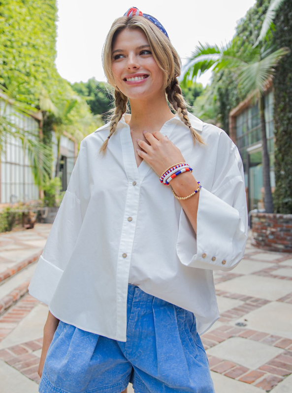 Back Pleat Button Down Blouse Top- Off White