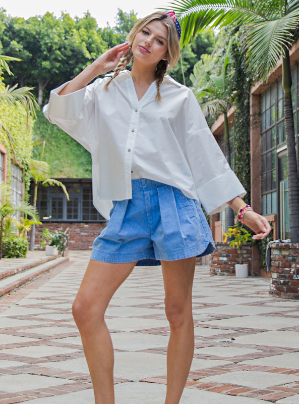 Back Pleat Button Down Blouse Top- Off White