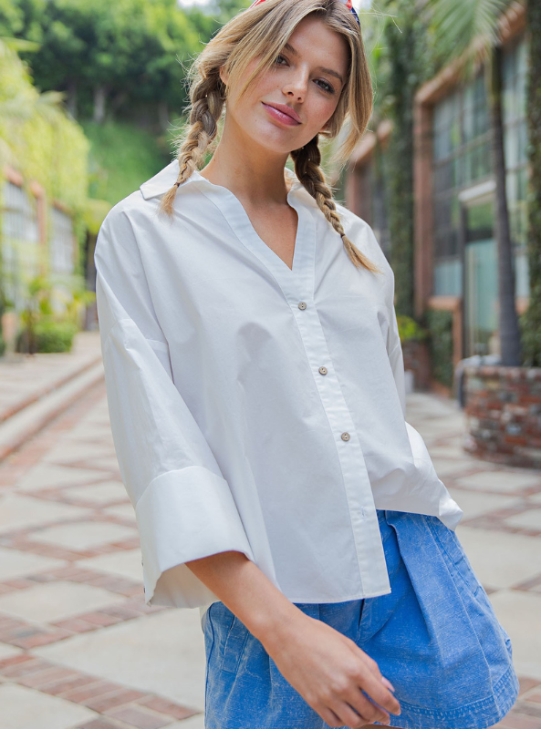 Back Pleat Button Down Blouse Top- Off White