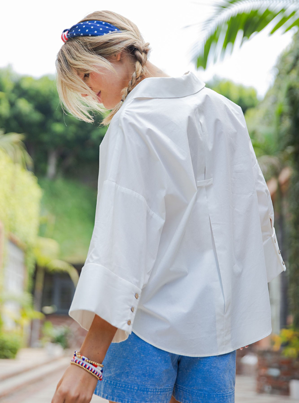 Back Pleat Button Down Blouse Top- Off White