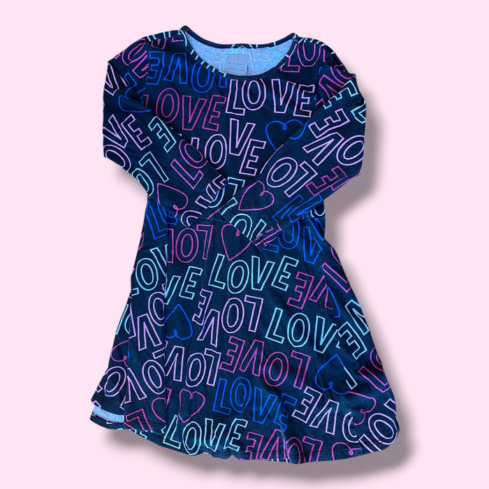 Black Bella & Birdie LOVE print dress, 10-12Y