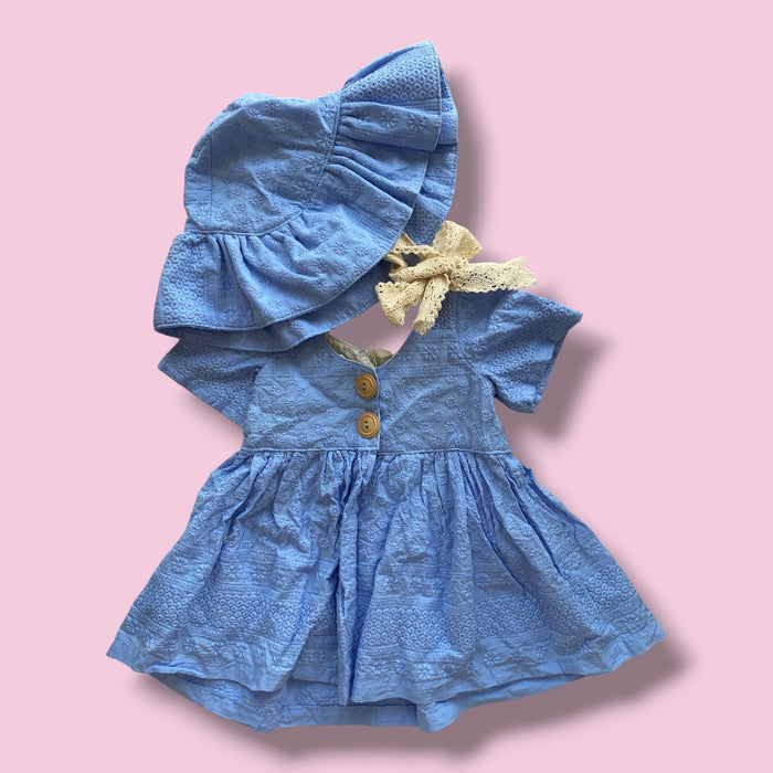 blue Small Shop beautiful handmade dress and sunhat set, 2/3y