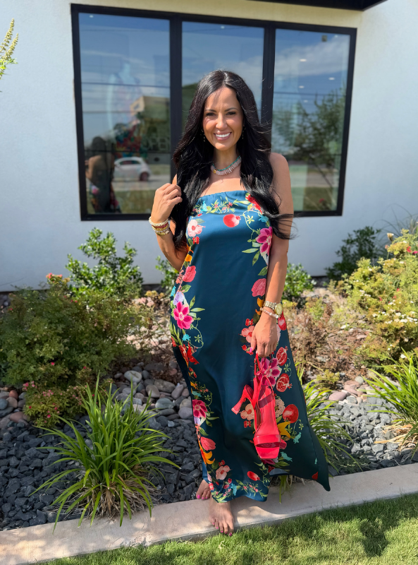 Botanical Print Strapless Maxi Dress