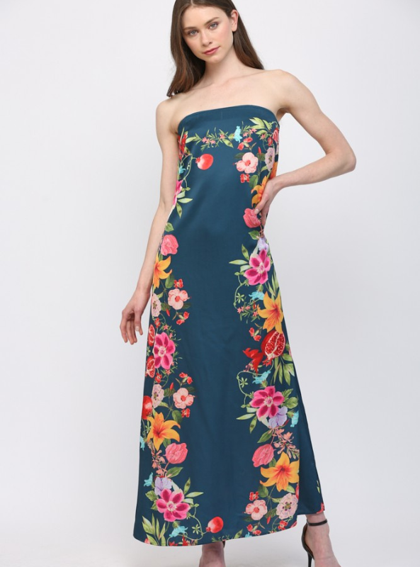 Botanical Print Strapless Maxi Dress