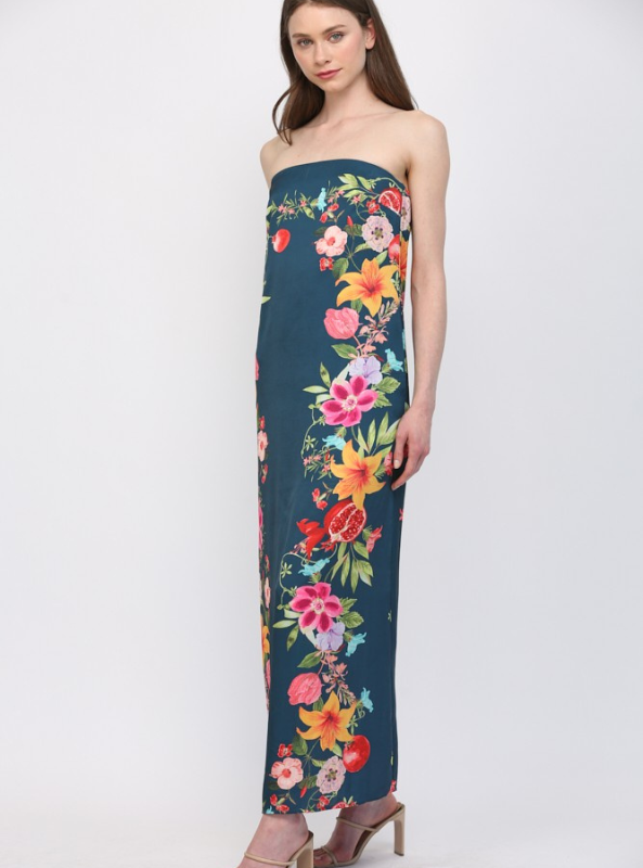 Botanical Print Strapless Maxi Dress