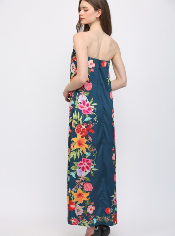 Botanical Print Strapless Maxi Dress