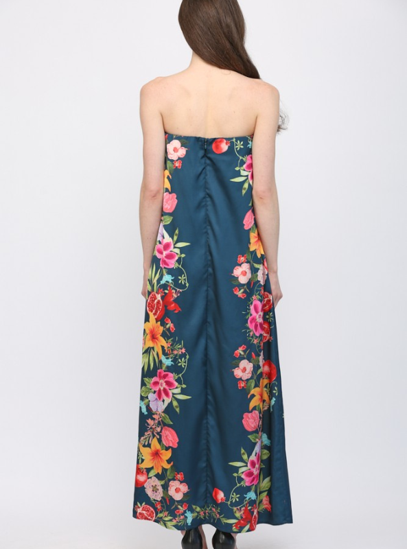 Botanical Print Strapless Maxi Dress